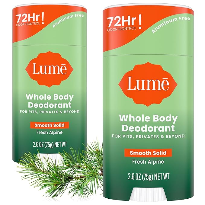 Lume Whole Body Deodorant - Smooth Solid Stick - 72 Hour Odor Control - Doctor Developed - Aluminum Free Baking Soda Free and Skin Loving - 2.6 Ounce (Pack of 2) (Fresh Alpine)