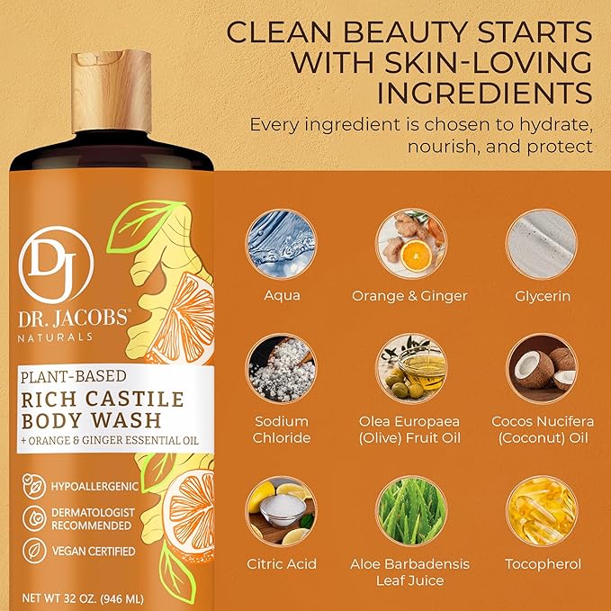 Dr. Jacobs Naturals Pure Castile Soap Liquid Body Wash Orange &amp Ginger - Plant Based Soap Infused with Vitamin E &amp Aloe Vera to Moisturize Dry and Sensitive Skin - Made in The USA - 32 oz Pa