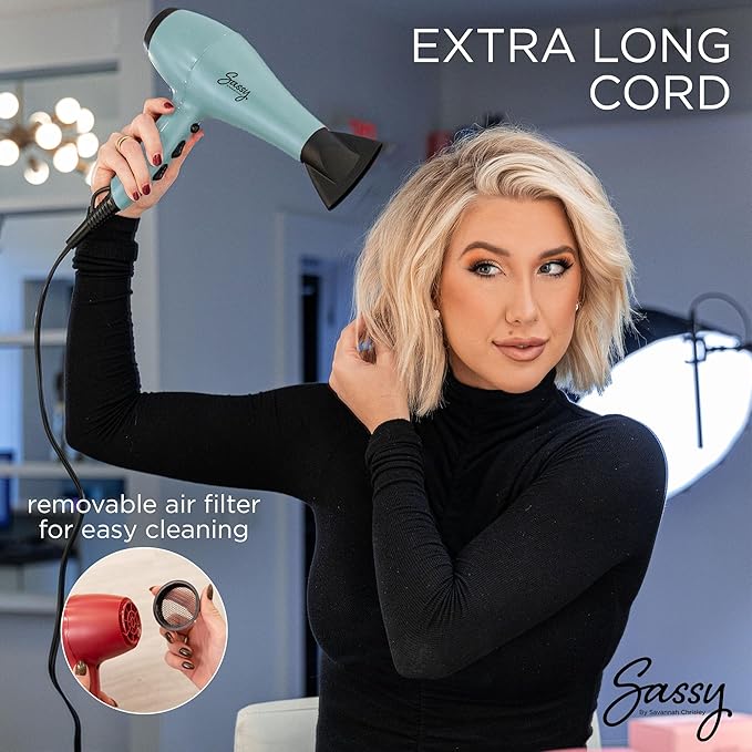 Sassy Ceramic Ion Hair Dryer 1875-Watt Salon Dryer with Concentrator and Diffuser Multiple Heat Settings and Cool Shot (Aqua)