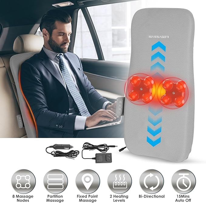 KOCASO Full Back Massager for Pain Relief with Rolling Kneading Nodes 3D Deep Tissue Shiatsu Chair Massage Pad Soothing Heating 3For Lumbar Upper Lower Back Gift for Women Men Parent
