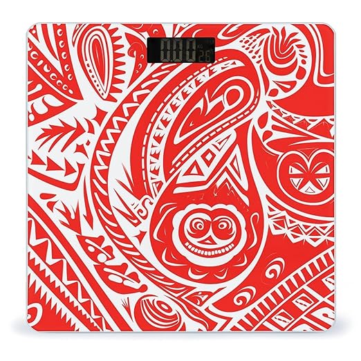 White and Red Tribal Pattern Scale for Body Weight Anti-Slip Digital Bathroom Scale Sturdy Toughened Glass Weighing Scales High Precision Safe Rounded Corners Smart Scales