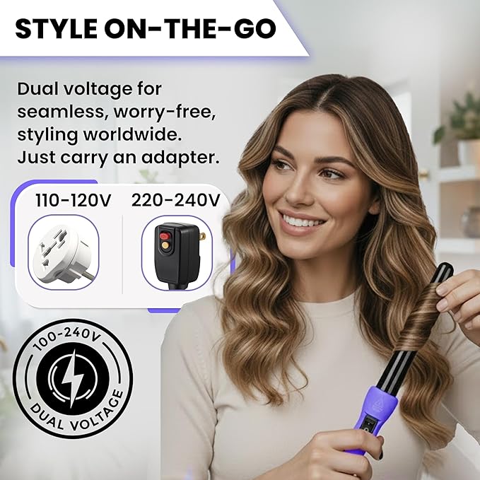 Herstyler Grande Ceramic Tapered Curling Wand - 1 inch Dual Voltage with Negative Ions for Long and Short Hair (Purple)