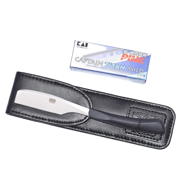 Kasho Captain Japanese Straight Edge Barbering Razor with Leather Case &amp 20 Kai Captain Blades -Compatible with Kai Captain and Feather Artist Club Razor Blades