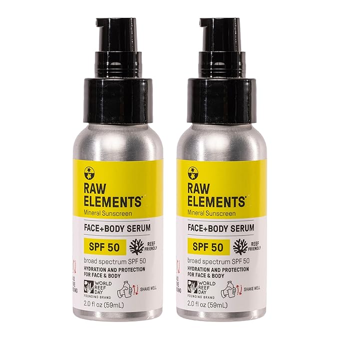 Raw Elements Face + Body Serum SPF 50 All-Natural Mineral Sunscreen - Reef Safe Water Resistant Broad Spectrum UVA/UVB Protection Safe For All Ages Travel Size 2oz (Pack of 2)