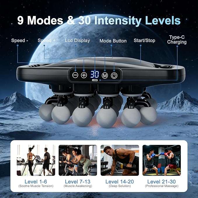20 Head Massage Gun Deep Tissue Back Massager with 9 Modes &amp 30 Intensities Percussion Muscle Massager Gun for Back Neck Shoulder Legs Pain Relief Gift for Athletes Men Women