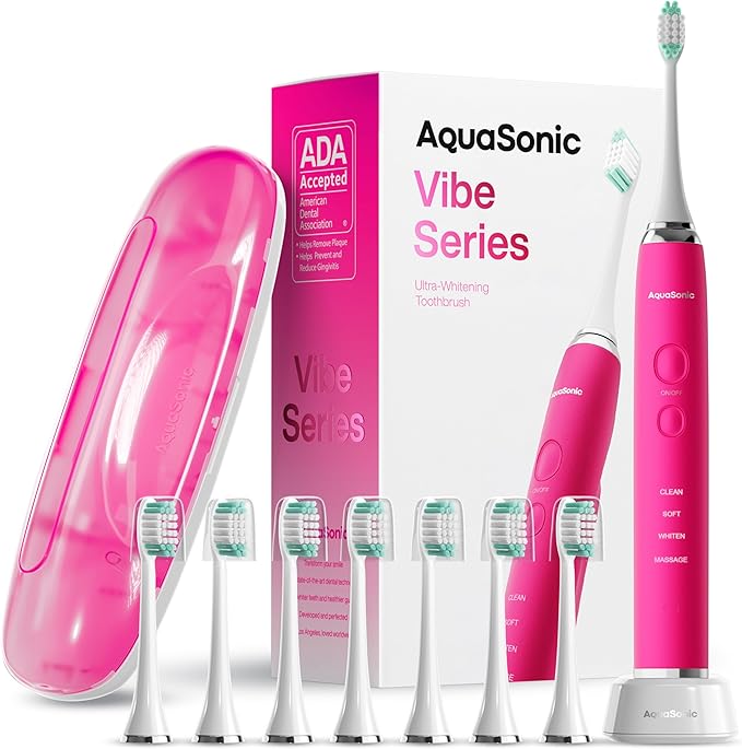 Aquasonic Vibe Series Ultra-Whitening Toothbrush – ADA Accepted Electric Toothbrush - 8 Brush Heads &amp Travel Case – 40000 VPM Motor &amp Wireless Charging - 4 Modes w Smart Timer – Electric Pink