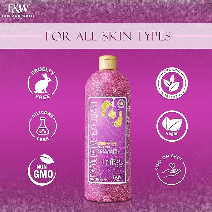 FAIR &amp WHITE Miss White Exfoliating Shower Gel 940ml/31.8 Fl Oz - Formulated to Exfoliate Skin with Pomegranate and Glycerin