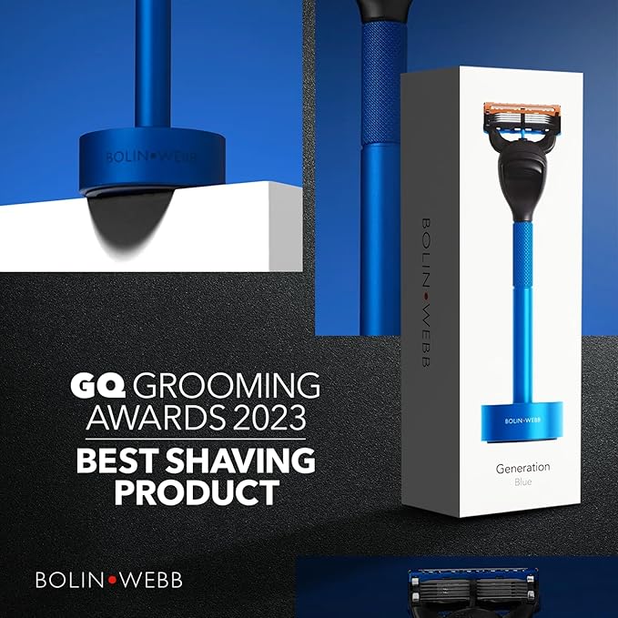 Bolin Webb Generation Razor &amp Stand - Luxury Razors for Men with Gillette Fusion 5 Blades Premium Aluminum Shaving Razor for Smooth Irritation-Free Shave Ideal Gift &amp Daily Grooming Set (Bl