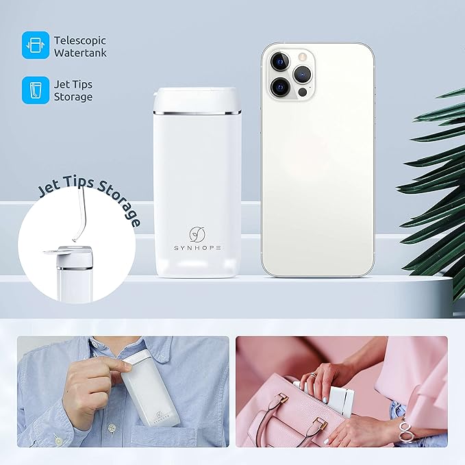 Water Flosser [ Mini Cordless Portable ] Oral Irrigator Water Teeth Cleaner Pick Telescopic Water Tank 3 Modes &amp IPX7 Waterproof Home &amp Travel Water Floss for Teeth Braces Bridges Care (Wh