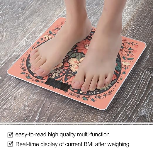 Heart with Flowers Scale for Body Weight Anti-Slip Tempered Glass Digital Bathroom Scales Clear LCD Display Weighing Scale Safe Rounded Corners Smart Scales