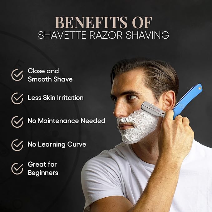 Best Shavette Straight Razor - Replaceable Blade Straight Razor Metal Handle Shavette No Stropping or Honing Needed Great For Beginners Starter Blade Hygienic Close Shave Leather Case (Blue)