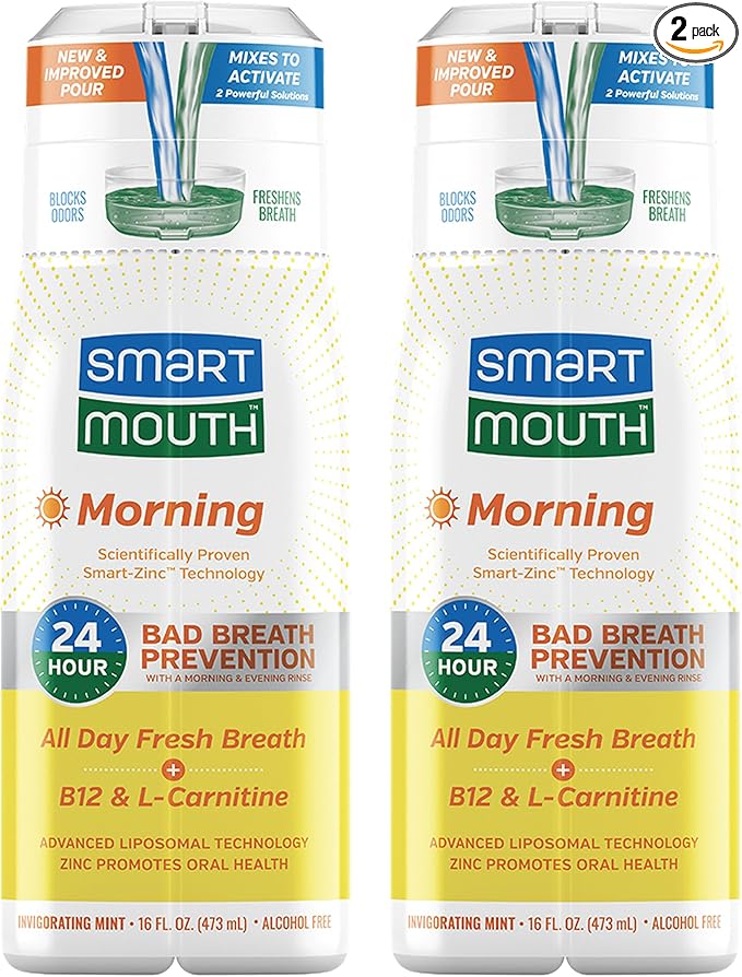 SmartMouth Advanced Liposomal Morning Mouthwash - All-Day Fresh Breath - Vitamin B12 &amp L-Carnitine - Dual-Solution Zinc-Activated Morning Mouthwash - Invigorating Mint Flavor - 16 fl oz Each 2-Pa