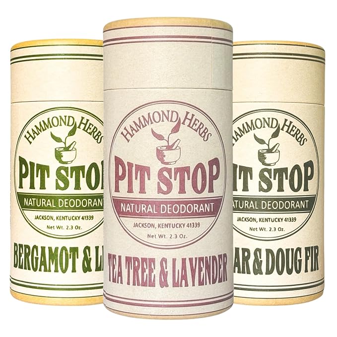PIT STOP Deodorant - Aluminum-Free Plastic-Free All-Natural Odor Control (Tea Tree &amp Lavender Cedar &amp Doug Fir Bergamot &amp Lime) 3-Pack