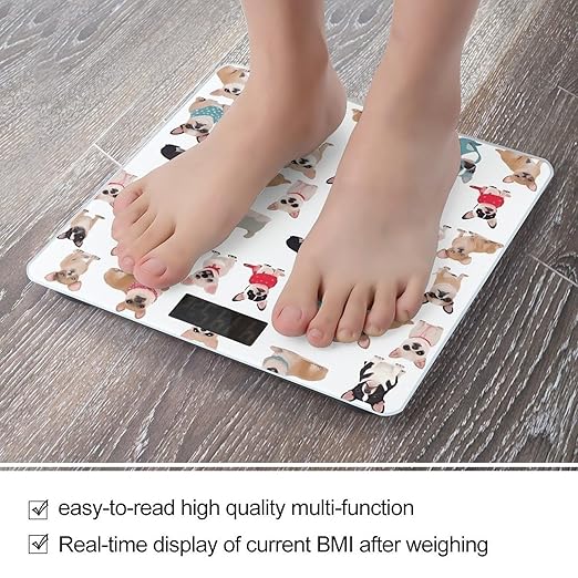 Cute Chihuahua Pug Pattern Scale for Body Weight Digital Bathroom Scale Toughened Glass High Precision Scales for Body Weight with Large LCD Backlight Display Weight Scales