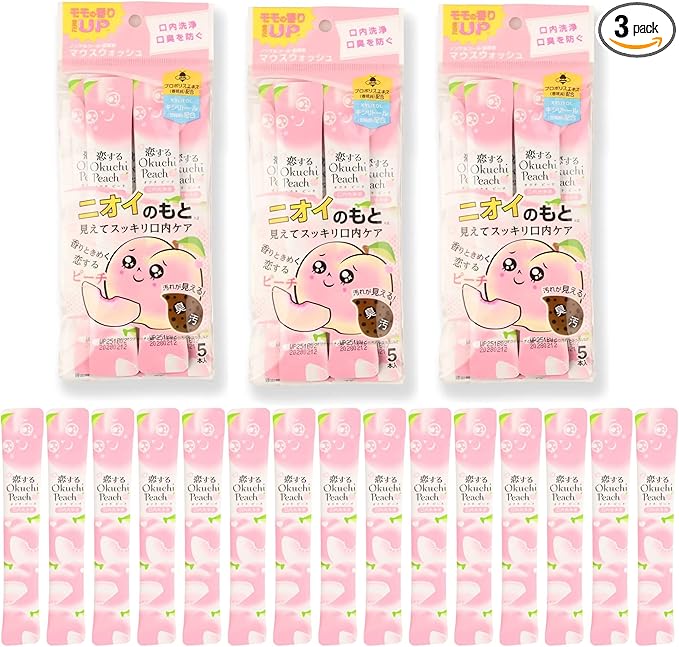 OKU-CHI Mouthwash 11ml 5 Sticks x 3 Pack - Alcohol-Free Mouth Wash Rinse for Adults Portable Travel Size - Removes Debris &amp Odors (0.12 Fl Oz (Pack of 3) Peach)
