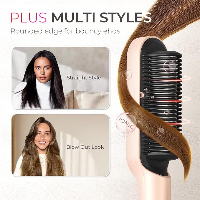 TYMO Ring Plus Ionic Hair Straightener Brush - Straightening Comb with Negative Ions for Women Titanium Coating 9 Temp Settings &amp LED Display Dual Voltage Professional Styling Tools Gold Blus
