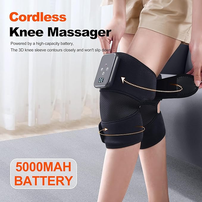 Cordless Knee Massager with Heating Electric Massage Knee Brace [2026 Upgraded] with Fleece Lining for KneeShoulderElbow6 Heat Levels &amp 9 VibrationGifts for Men Women（Black Pair）