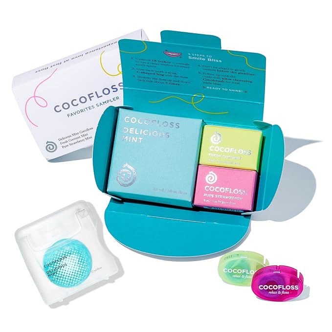Cocofloss Woven Dental Floss Favorites Sampler Dentist-Designed Oral Care with Coconut Oil Waxed Vegan Kid-Friendly 1 Mint (33 yd) 2 Travel in Coconut Strawberry (8 yd)
