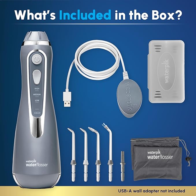 Waterpik Cordless Advanced 2.0 Water Flosser For Teeth Gums Braces Dental Care With Travel Bag and 4 Tips ADA Accepted Rechargeable Portable and Waterproof Gray WP-587 Packaging May Vary