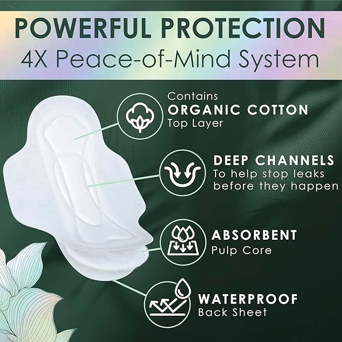 L. Ultra Thin Pads for Women Overnight Absorbency Organic Cotton Top Layer Unscented Pads with Wings 96 Count (4 Packs of 24)