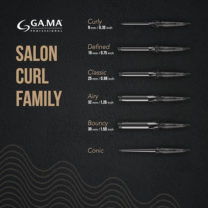 GA.MA Salon Curl Silk Chrome Titanium Curling Iron for Tight Curls 0.35 Inch Barrel Quick Adjustable Heat Anti-Frizz Dual Voltage Auto Shut-Off.