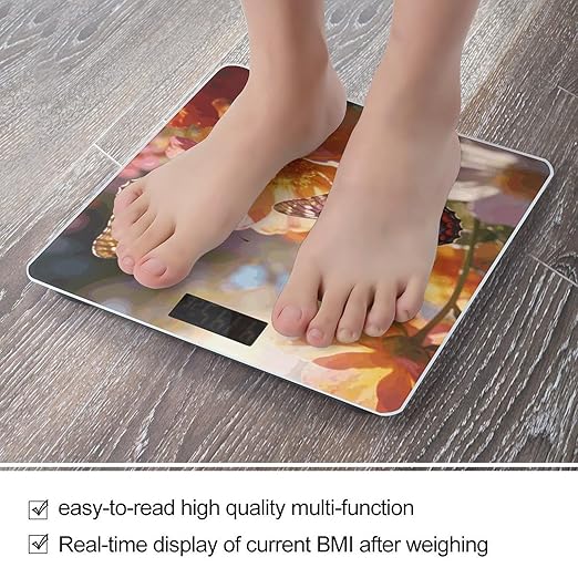 Butterflies and Flowers Weight ScaleClear LED Display Bathroom Digital Weighing ScaleTempered Glass Digital Bathroom Scale for Body Weight Capacity Up to 400 Lbs