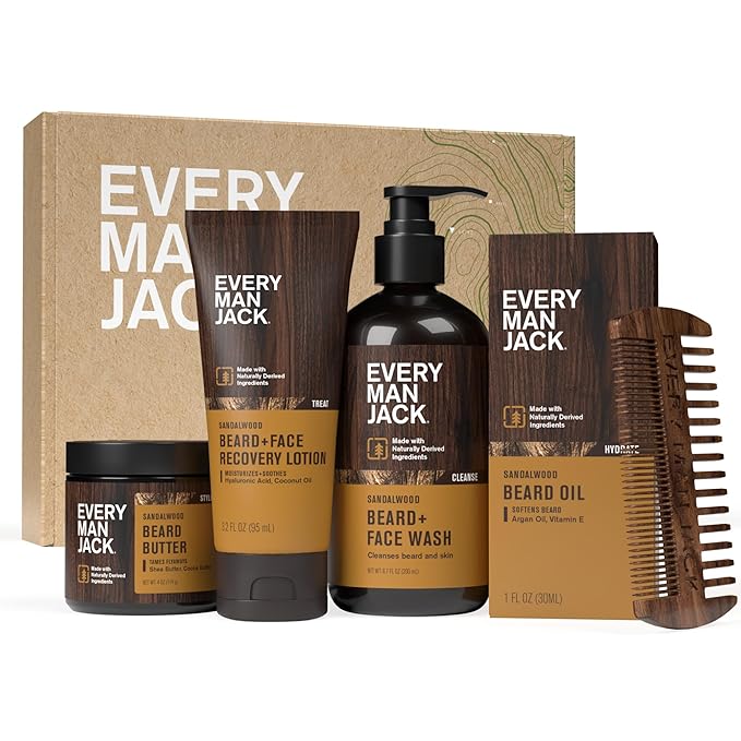 Every Man Jack Beard Essentials Gift Set for Men – Complete Routine with 5 Full-Size Essentials – Sandalwood Scent - Beard &amp Face Wash Lotion Oil Butter &amp Comb