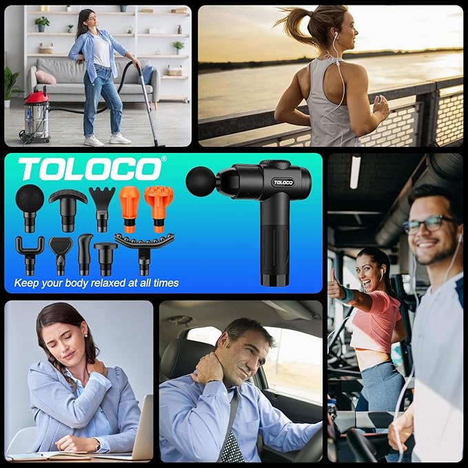 TOLOCO Massage Gun Deep Tissue Back Massage for Athletes for Pain Relief Percussion Massager with 10 Massages Heads &amp Silent Brushless Motor Valentines Day Gifts for Him Her Black