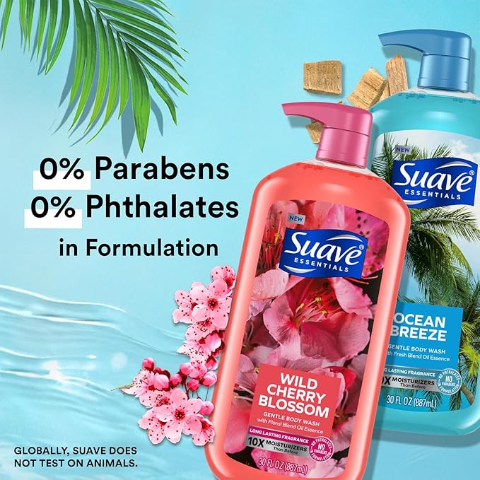 Suave Body Wash Variety Bundle – Ocean Breeze 2-Pack &amp Wild Cherry Blossom Gentle &amp Moisturizing Body Washes with Vitamin E 30 Oz Ea (3 Piece Set)
