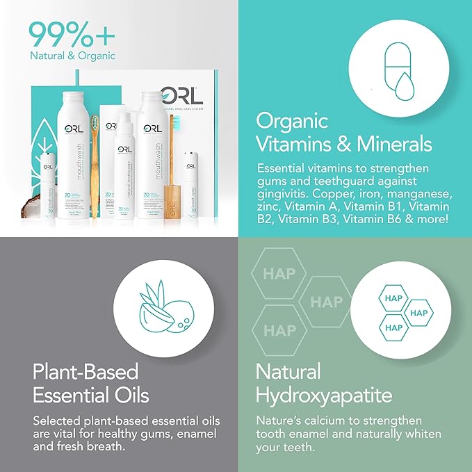 ORL Natural 60-Day Oral Care Kit Includes 1 Toothpaste 2 Mouthwashes 2 Breath Sprays 2 Toothbrushes 1 Floss. Eco-Friendly Fluoride-Free Vegan Gluten-Free and Non-Toxic. Fresh Mint