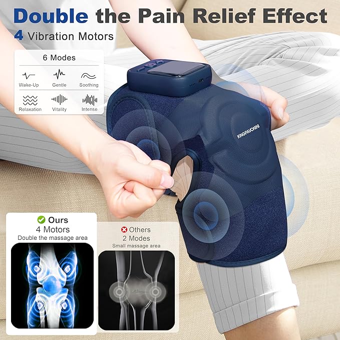 KingPavonini Cordless Knee Massager for Pain Relief Newly 4 Motors Vibration 5 Heat Levels 6 Massage Modes Knee Heating Pad for Knee Pain Heated Knee Massager Brace Gifts for Mom Dad (Blue 1.0)