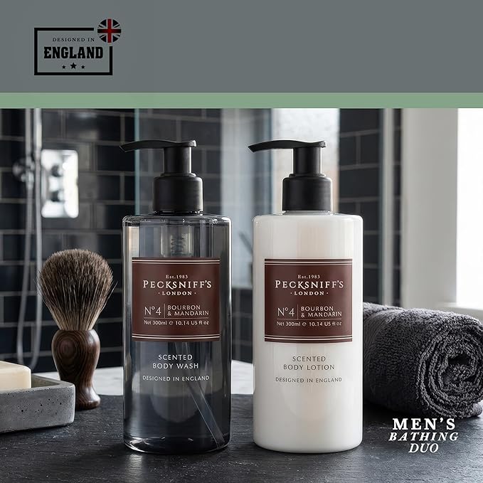 Pecksniffs Mens Bathing Duo Collection – Bourbon &amp Mandarin Scented Body Wash and Body Lotion Gift Set 2 x 250ml