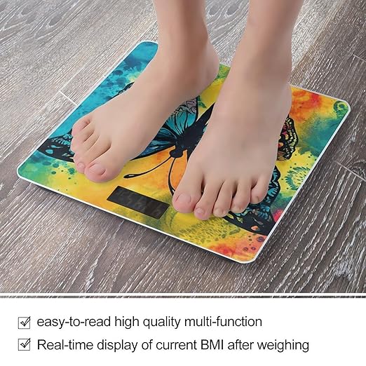 Butterfly Tie Dye Scale for Body Weight Safe Rounded Corners Tempered Glass Digital Bathroom Scale LED Display 400lb Capacity Weight Scales with High Precision Sensors