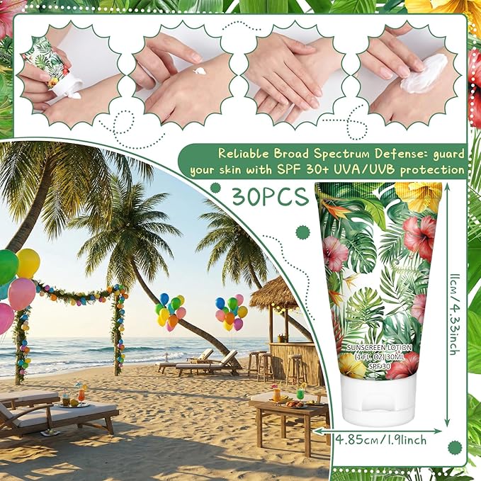 Loopeer 30 Pcs Mini Sunscreen Bulk Travel Size 1 oz Spf 30 Water Resistant Mini Sunscreen Lotion Hawaiian Tropical Leaves Summer Beach Party Favors Gifts for Summer Hawaiian Party Adult(Fresh)