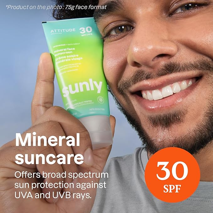 ATTITUDE Mineral Face Sunscreen with Zinc Oxide SPF 30 EWG Verified Broad Spectrum UVA/UVB Protection Dermatologically Tested Vegan Unscented 2.6 Ounces