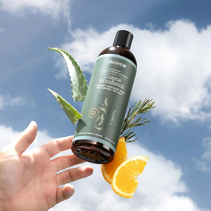 Aleavia Coastal Woodlands Mens Body Cleanse – Organic &amp All-Natural Prebiotic Body Wash for Men Woodsy Notes Scented with 13 Essential Oils – Nourish Your Skin Microbiome – 16 Oz.
