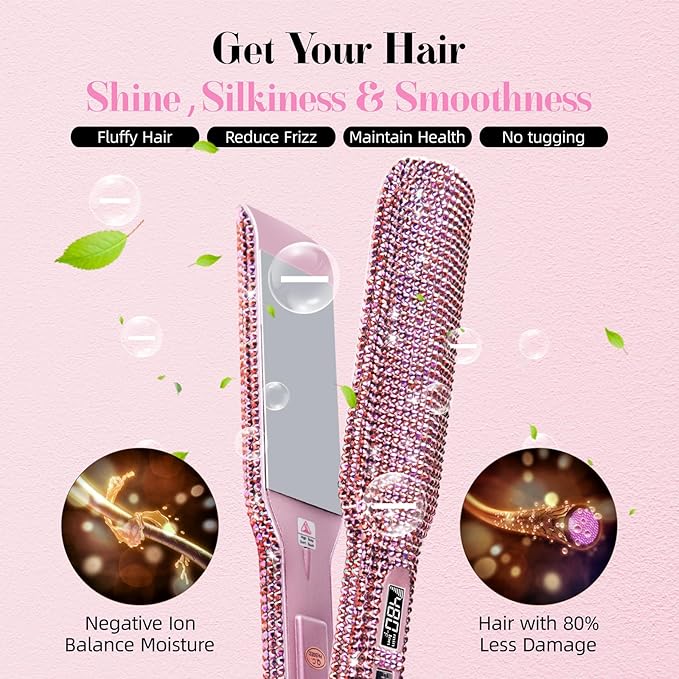 DORISILK Crystal Diamond Professional Hair Straightener 2 Inch Titanium Flat Iron Bling Rhinestone Straightening Iron Curling 2 in 1 Salon High Heat 480 °F Instant Heat Up Dual Voltage Rose Pink