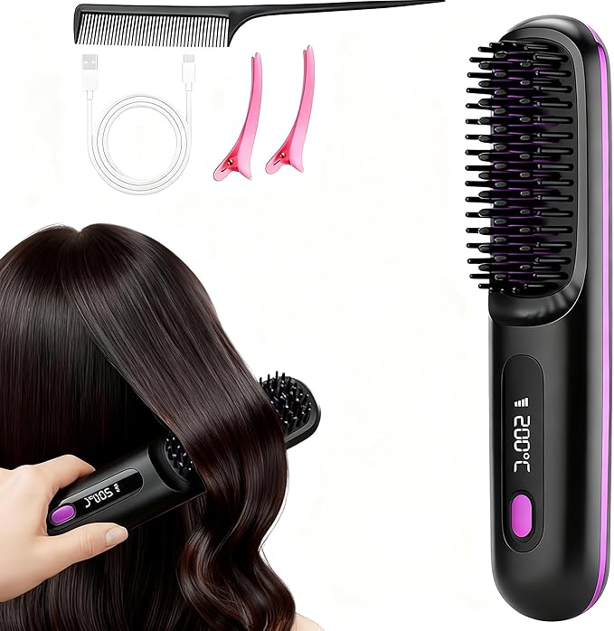 Cordless Hair Straightener Brush Portable 9 Temp Settings LCD Display USB C Rechargeable Anti Scald Black