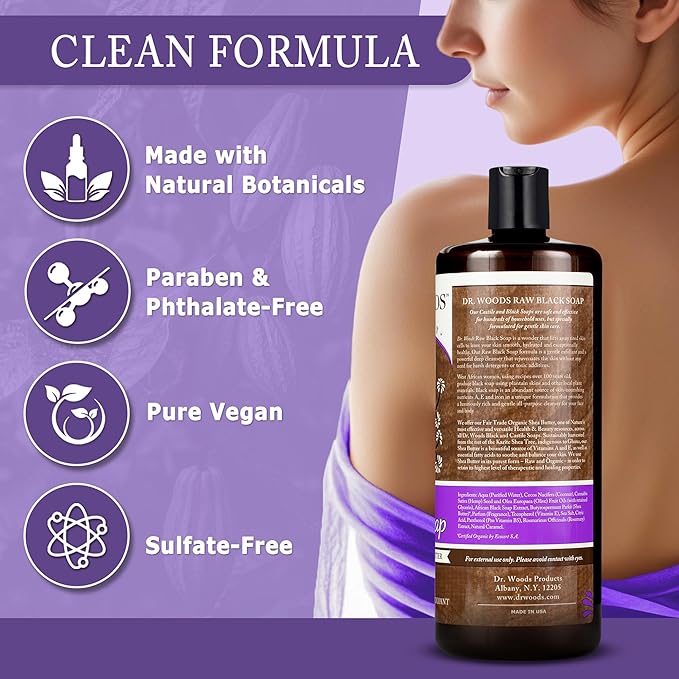 Dr. Woods Raw African Liquid Black Soap - Body Wash for Men and Women Contains Organic Shea Butter Gentle Exfoliant Natural Cleanser for Face Hands and Body - 32 Fl Oz Pack of 3