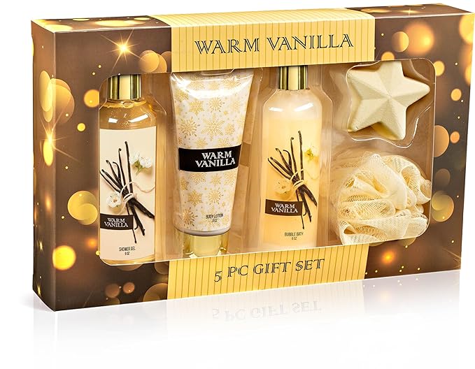 Fragrance Bath &amp Body Collection Gift Box Includes Shower Gel Body Lotion Body Scrub Bath Bomb &amp Sponge (Warm Vanilla 2.0) – Mother's Day Gift for Mom