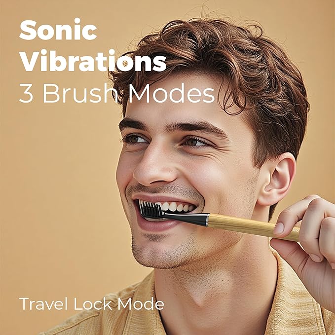 MIPOW Brush GO SlimPro i4 Electric Toothbrush Rechargeable Smart Ultra Sonic 3 Modes Travel Case &amp Ceramic Dock 60Day Battery Soft Bristles 2 Heads IPX7 Waterproof Color-Woodgrain Edition