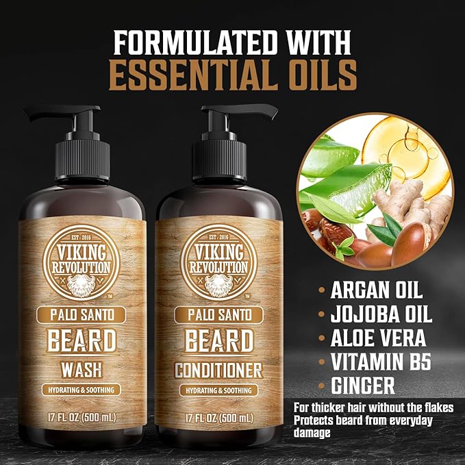 Viking Revolution Palo Santo Beard Wash and Beard Conditioner Set with Argan and Jojoba Oils - Softens and Strengthens - Natural Palo Santo Scent - Beard Shampoo with Ginseng Root Extract (17 oz)