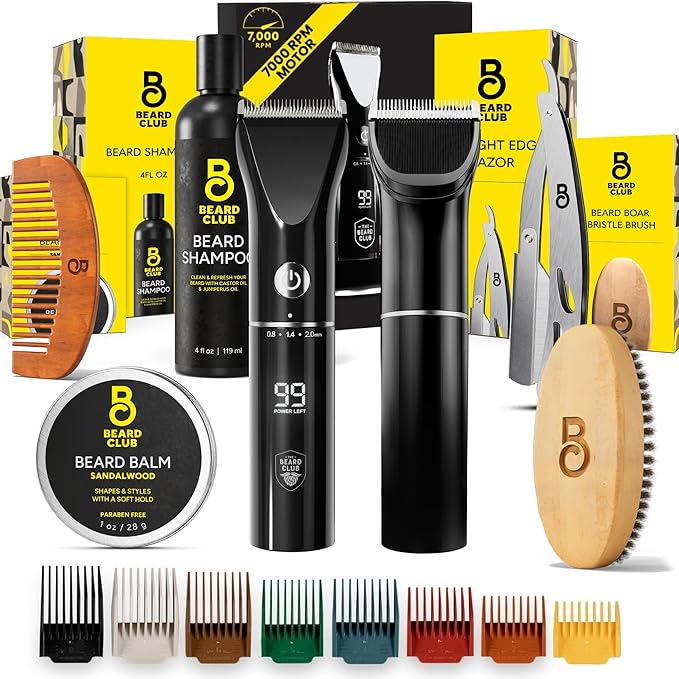 Beard Club Mens Grooming Kit &amp Beard Trimmer for Men - Professional Cordless Electric Hair &amp Moustache Trimmer Straight Razor Shampoo Balm Brush &amp Comb - Grooming Kit Gift Set