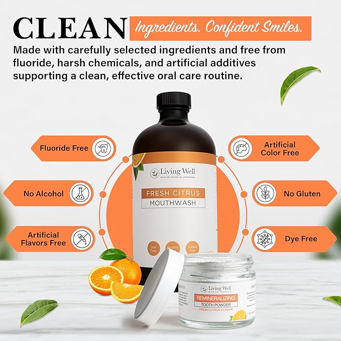 Fresh Citrus Tooth Powder and Mouthwash Bundle Fluoride-Free Hydroxyapatite Oral Care for Kids and Adults Remineralizing Enamel Support Natural Dentist-Developed Formula