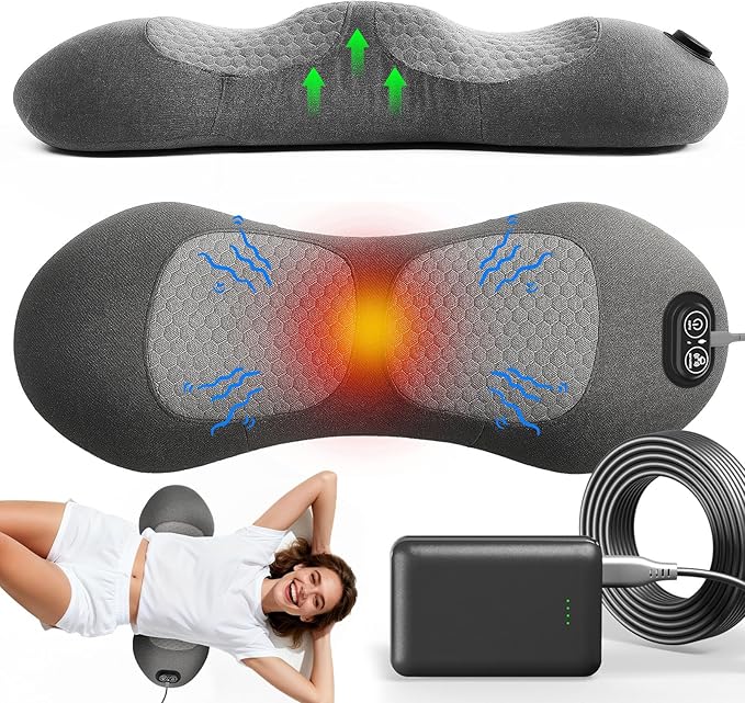 Upgraded 3-in-1 Portable Lumbar Pillow for Back Relief Smooth Spine Triple Fusion Back Massager with Stretch Vibration &amp Heat Includes 5000mAh Power Bank for Deep Relaxation on Bed Sofa &amp