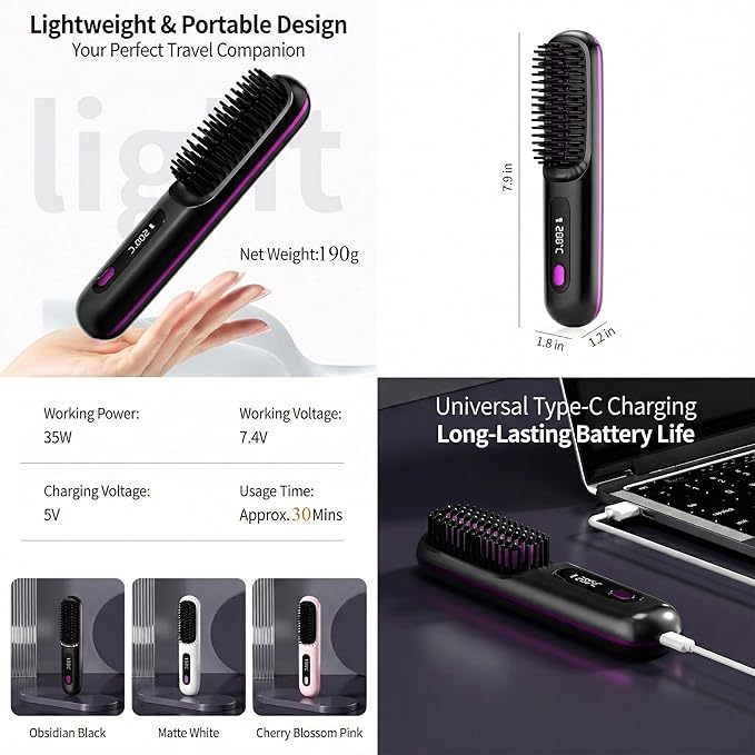 Cordless Hair Straightener Brush with 199M Negative Ions Portable Mini Straightening Comb for Travel 20s Fast MCH Ceramic Heating LCD Display Hair Tools with Bonus Storage Pouch
