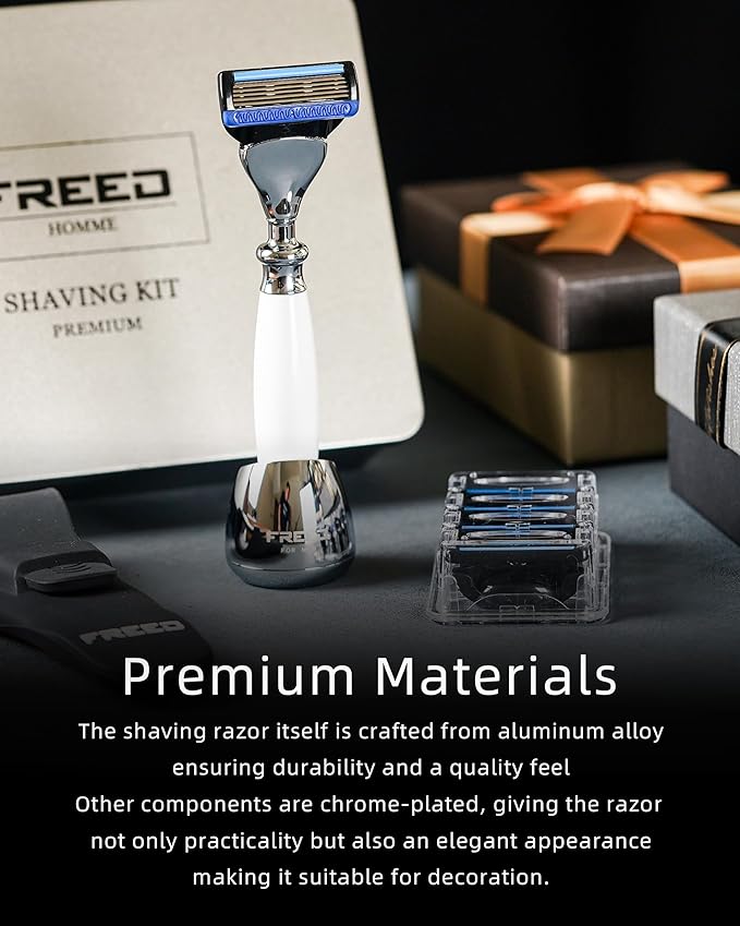 FREED Customized gifts Engraving Shaving Kit - Safety Razor with metal handle include razor base razor travel case and 5 Razor Blade Refillsit's the best gift for men (Pearl White)
