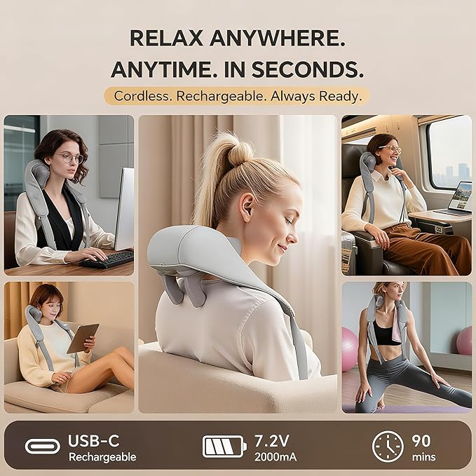 Shiatsu Neck and Shoulder Massager with Heat Cordless Rechargeable Hand-Free/Handheld Deep Tissue Pain Relief for Trapezius Portable for Home/Office/Travel Ideal Gift for Women/Men