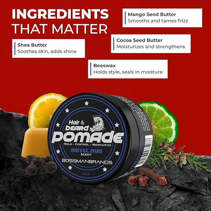 Bossman Hair &amp Beard Pomade for Men (Royal Oud Scent) – Medium Hold &amp Moisturizing for Hair Beard &amp Mustache Styling – Made in USA