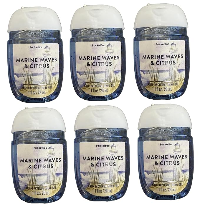 Bath and Body Works Classic and Seasonal Scents Pocketbac Gel Sanitizers - Pack of 6-1 oz each (Marine Waves and Citrus)